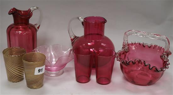 A quantity of cranberry and other glassware